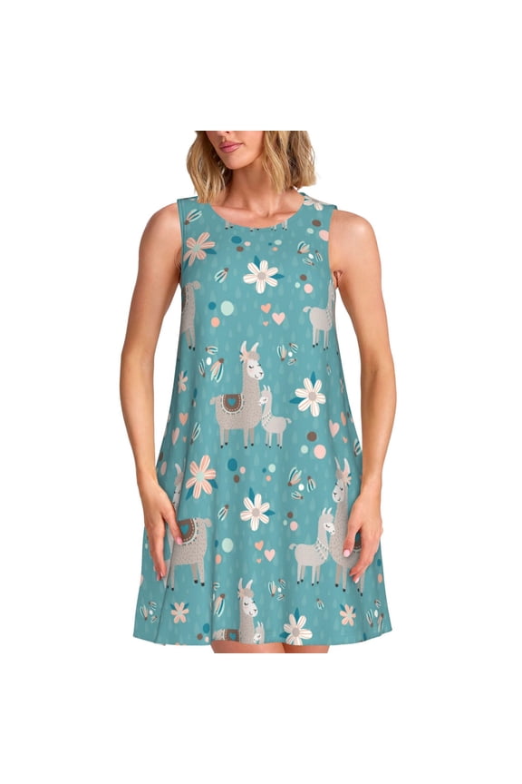 Teal Mama Llama Print Women’s Sleeveless Midi Swing Dress – A-Line Pleated Tank Sundress, Comfortable and Flowy T-Shirt Dress