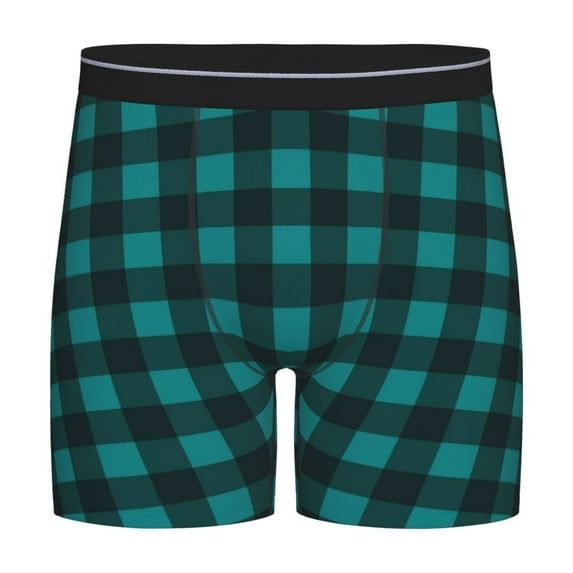 Picia Teal On Black Plaid Pattern Men's Athletic Long Leg Briefs , Performance Stretch Underwear,Moisture-Wicking