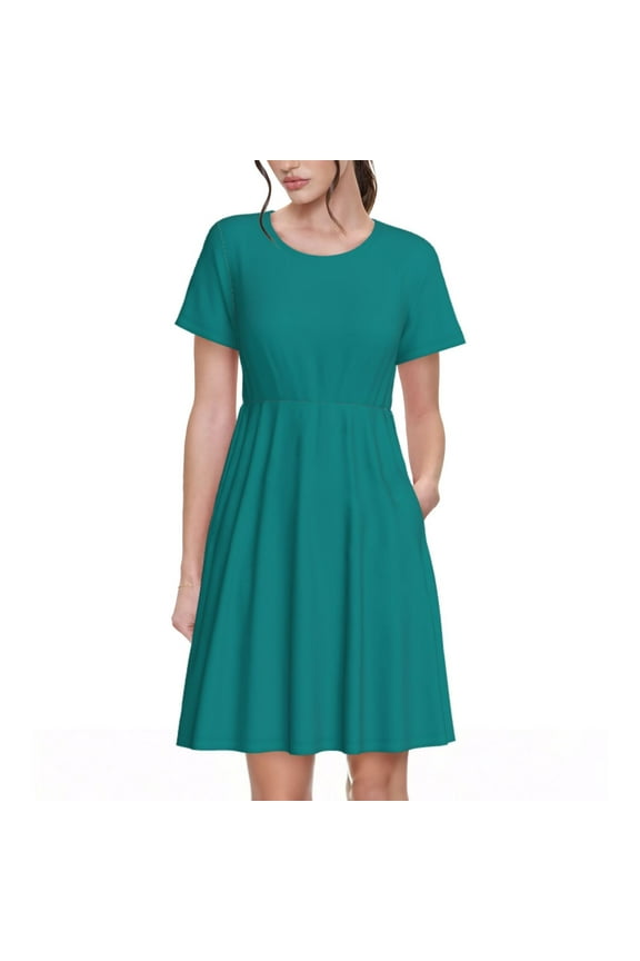 Teal Pattern Women's Short Sleeve Summer Dress Pleated Loose Swing Knee Length Short Sleeve Swing Dresses