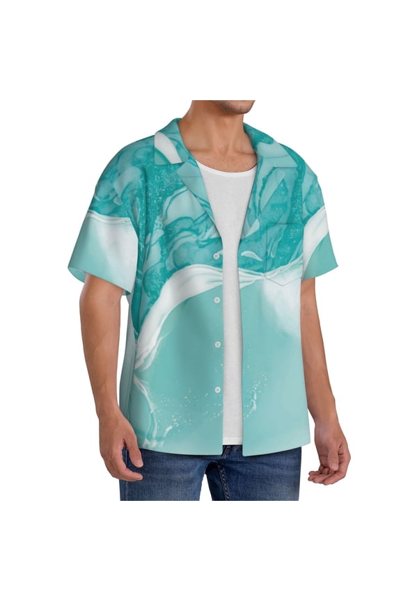 Teal Turquoise 1 Men's Linen Shirts Short Sleeve Cuban Beach Shirts Casual Shirts Button Down Shirt for Men Beach Summer Wedding Shirt-Small