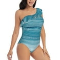 thumbnail image 1 of Picia Teal Turquoise Fluid Stripes Pattern Women's One Piece Swimsuits,One Shoulder Swimwear Asymmetric ,Ruffle Monokinis Bathing Suits,High Waisted Flattering Bathing Suits-Small, 1 of 8