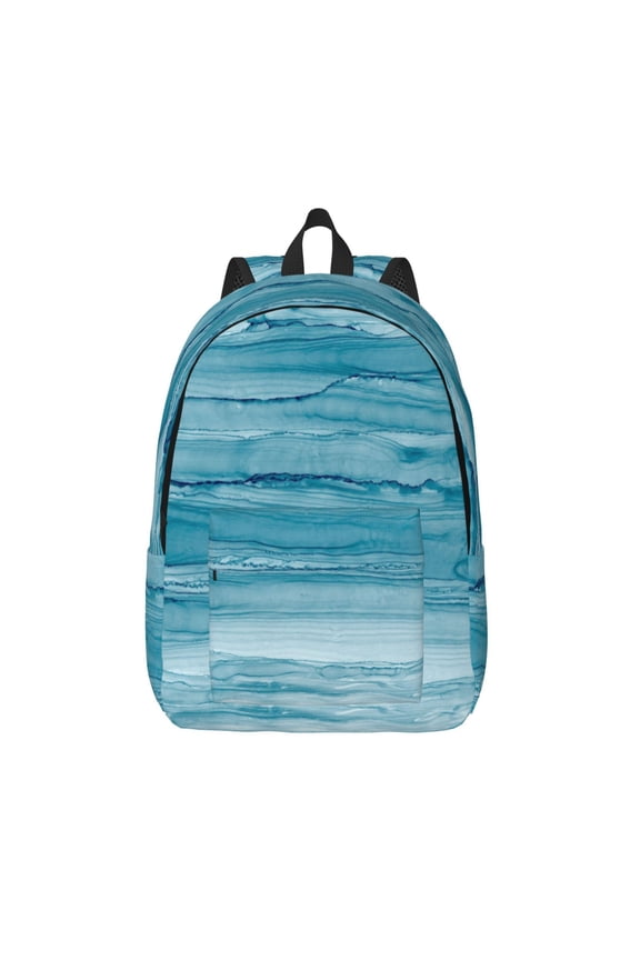 Teal Turquoise Fluid Stripes Printed Canvas Daypack - Stylish and Durable Vintage Compact Backpack - Class, Work, Travel, or Laptop Bookbag,Organized Compartments-Small