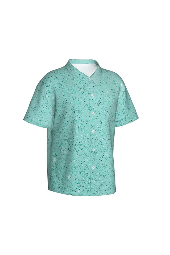 Teal Turquoise Glitter Gentle Cotton Regular Fit Short Sleeve Casual Hawaiian Shirt for Men-Small
