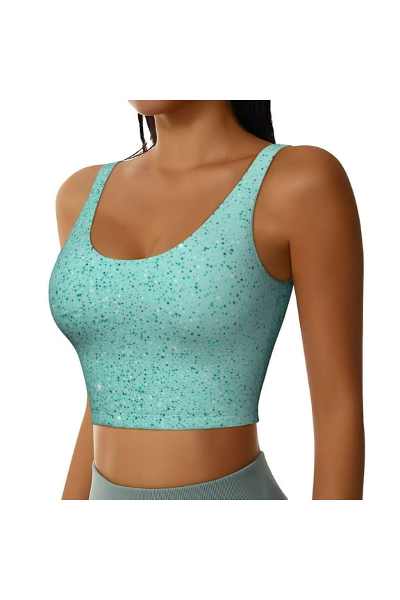 Teal Turquoise Glitter Sports Bra for Women,Padded Strappy Sports Bras Medium Support Yoga Bra with Removable Cups,Running Yoga Bra-X-Large
