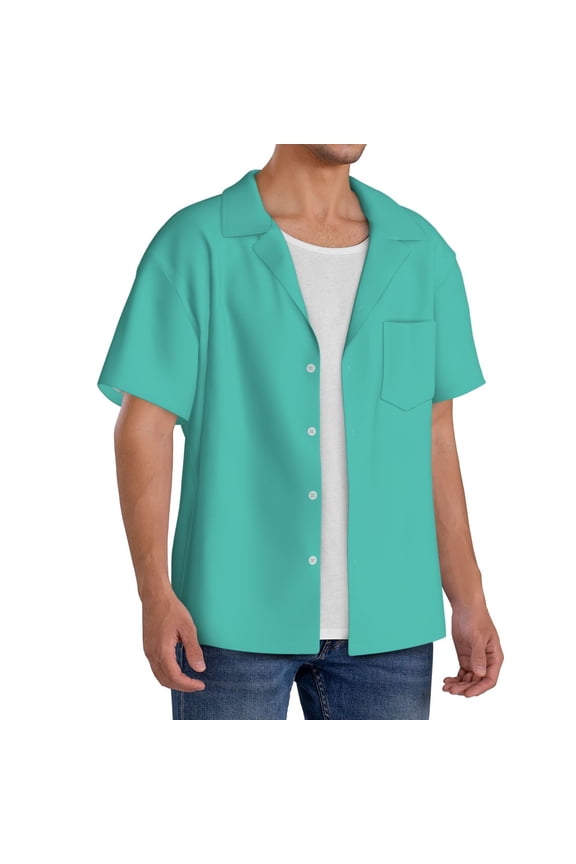 Teal Turquoise Men's Linen Shirts Short Sleeve Cuban Beach Shirts Casual Shirts Button Down Shirt for Men Beach Summer Wedding Shirt-Small