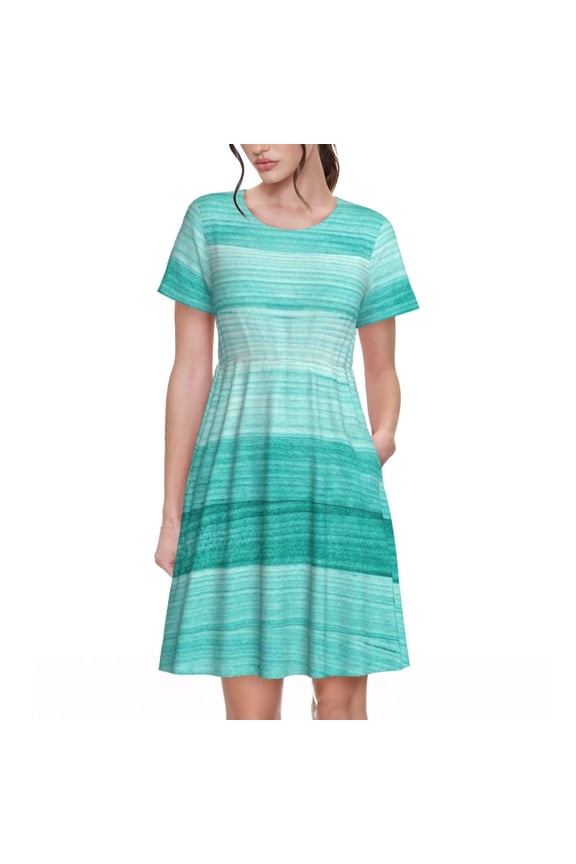 Teal Turquoise Pattern Women's Short Sleeve Summer Dress Pleated Loose Swing Knee Length Short Sleeve Swing Dresses