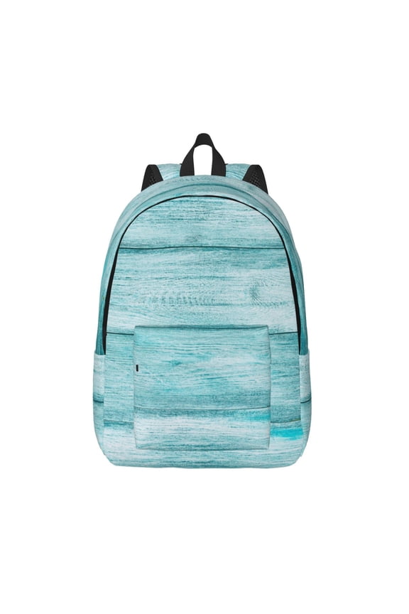 Teal Turquoise Wood Printed Canvas Daypack - Stylish and Durable Vintage Compact Backpack - Class, Work, Travel, or Laptop Bookbag,Organized Compartments-Medium