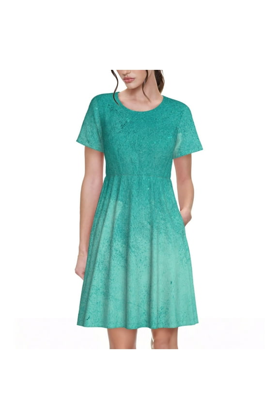 Teal Turquoise1 Pattern Women's Short Sleeve Summer Dress Pleated Loose Swing Knee Length Short Sleeve Swing Dresses