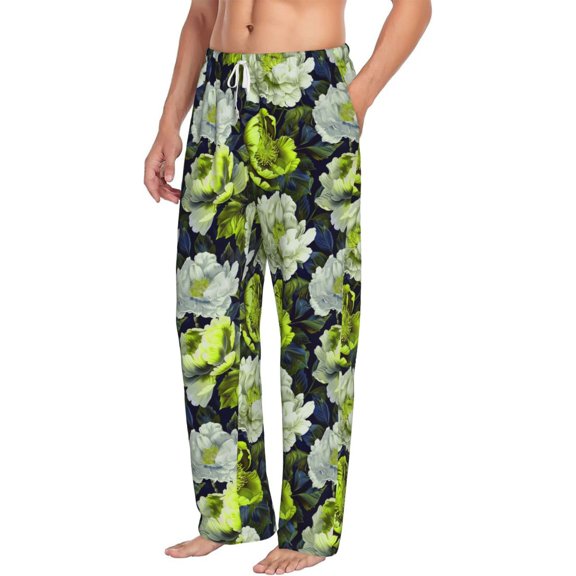 Picia Teal floral elegance Mens Soft Woven Cotton Elastic Waistband Sleep Pajama Pant Lounge Sleep Pant With Pockets And Drawstring-Medium