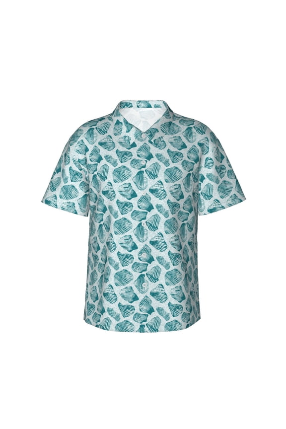Teal turquoise shell Pattern Men's Hawaiian Shirt – Soft Cotton Regular Fit Short Sleeve Shirt, Casual Beach Shirt for Summer, Vacation, and Outdoor Wear,Small