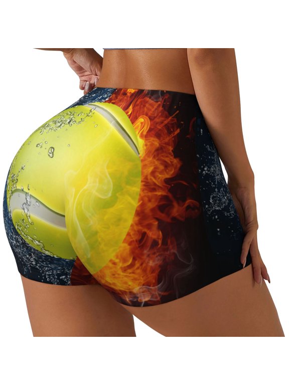 Tennis Ball In Fire And Water Printed Workout Shorts for Women Seamless Scrunch Butt Lifting High Waisted Yoga Gym Booty Running Moisture-wicking Short Pants-Small
