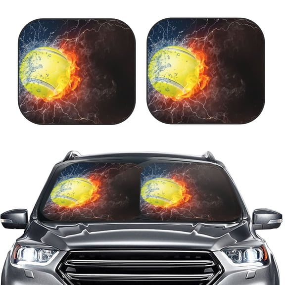 Picia Tennis Ball On Fire And Water 2 Piece Car Windshield Sun Shade Foldable | Foldable Sun Shield for Front Window Blocks UV Rays and Keeps Your Vehicle Cool-Medium
