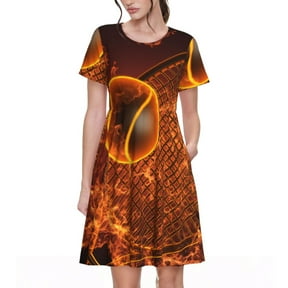 Picia Tennis Racket In Fire Pattern Women's Short Sleeve Summer Dress Pleated Loose Swing Knee Length Short Sleeve Swing Dresses