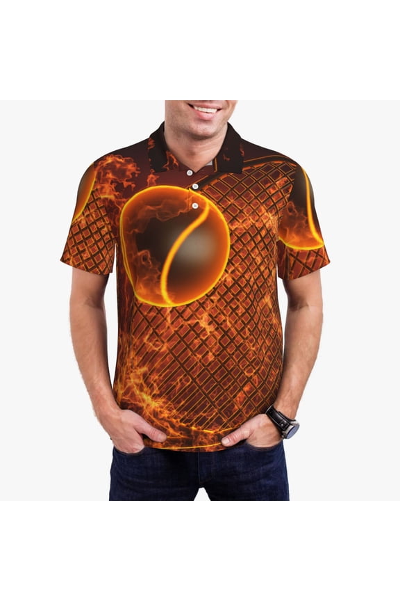 Tennis Racket In Fire Print Men's Polo Shirt, Two-Button Closure Pique Polo Shirt, Summer Fashion Golf Shirt-Small