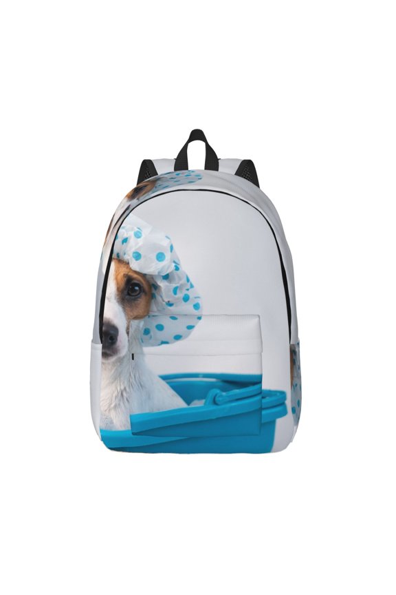 Terrier Takes A Bath With Shower Cap Printed Canvas Daypack - Stylish and Durable Vintage Compact Backpack - Class, Work, Travel, or Laptop Bookbag,Organized Compartments-Small
