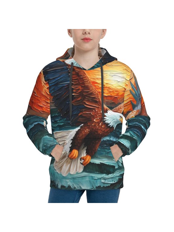 Textured Bald Eagle Pattern Youth Hoodie - Warm Pullover Sweatshirt with Kangaroo Pocket, Ideal for Boys and Girls-X-Large