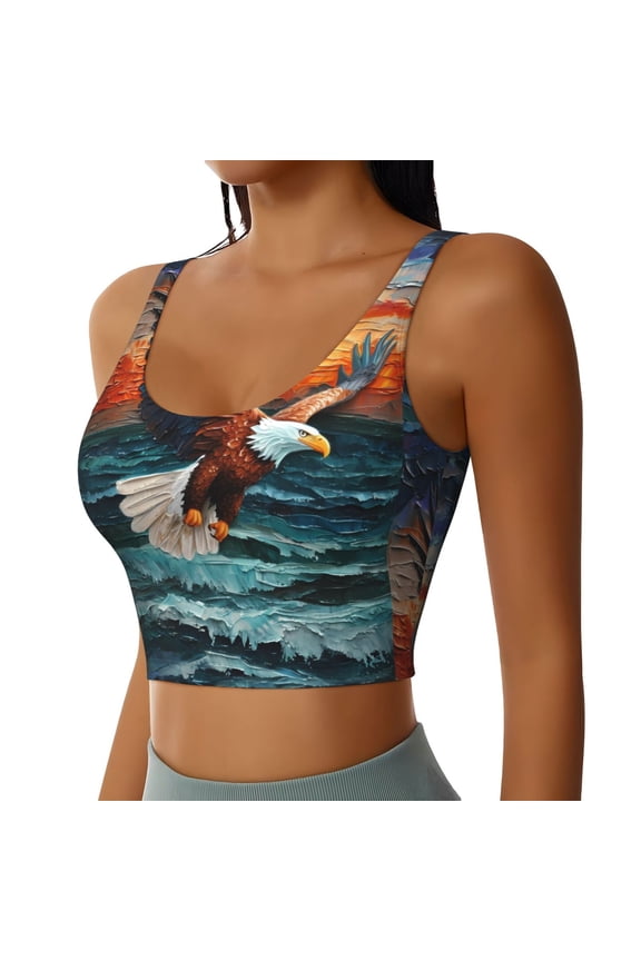 Textured Bald Eagle Sports Bra for Women,Padded Strappy Sports Bras Medium Support Yoga Bra with Removable Cups,Running Yoga Bra-