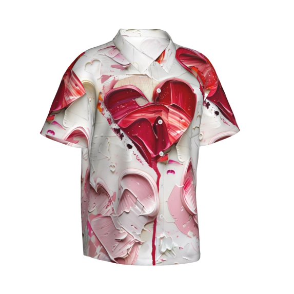 Picia Textured Heart Abstract Art Gentle Cotton Regular Fit Short Sleeve Casual Hawaiian Shirt for Men-X-Large