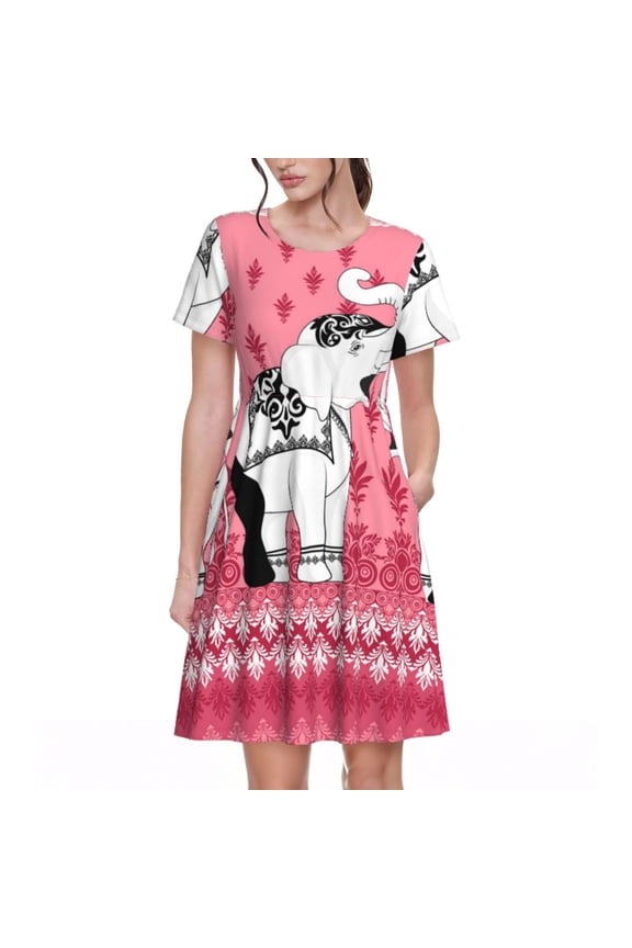 Thai elephant Pattern Women's Short Sleeve Summer Dress Pleated Loose Swing Knee Length Short Sleeve Swing Dresses