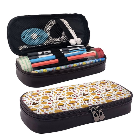 Picia Thanksgiving Pattern Large Capacity PU Leather Pencil Case Organizer Pen Marker Holder Double Zipper Storage Bag Big Pencil Pouch for College Office
