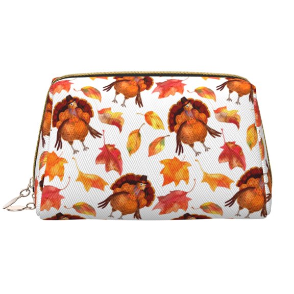 Picia Thanksgiving Turkey Leaves Print Leather Makeup Bag Make Up Bag Travel Toiletry Bag for Her Girlfriend Teacher Teen Girl Gifts