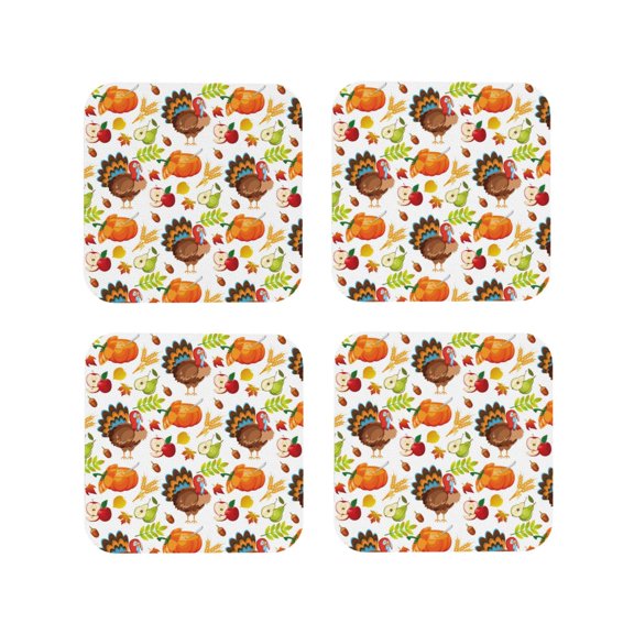 Picia Thanksgiving Turkey Printed Leather Coasters for Drinks, 4" Drink Coasters Set of 4 for Tabletop Protection, Handmade Luxurious Home Décor and Housewarming Gift -Square