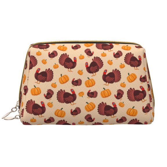 Picia Thanksgiving Turkey and Pumpkin Print Leather Makeup Bag Make Up Bag Travel Toiletry Bag for Her Girlfriend Teacher Teen Girl Gifts