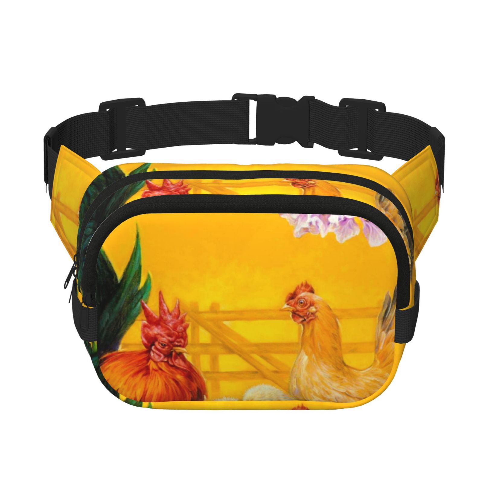 Picia The Chicken Family Print Square Double-Layer Waist Bag Mini Adjustable Waist Belt Bag Exercise Running Travel Hiking