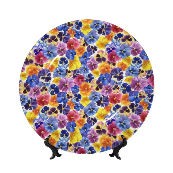 Picia The Garden Tricolor Pansy Flower Pattern Bone China Decorative Plate – Wall Decor with Stand and Adhesive, Elegant Ornament for Living Room, Office, or Entryway-6in
