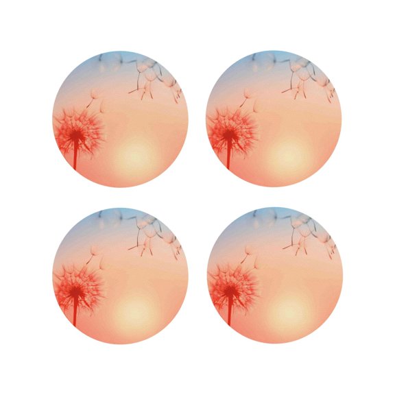 Picia The Sunset of Dandelion Printed Leather Coasters for Drinks, 4" Drink Coasters Set of 4 for Tabletop Protection, Handmade Luxurious Home Décor and Housewarming Gift -Round Shape