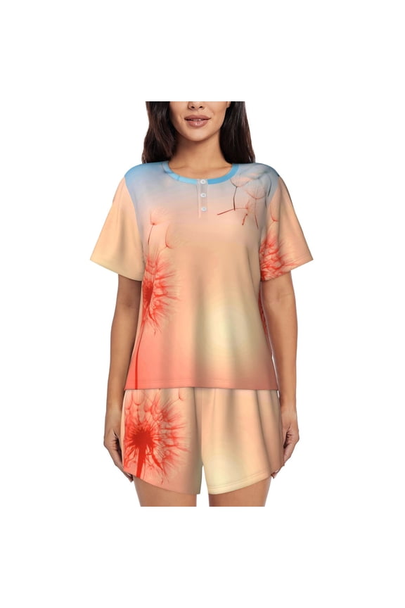 The Sunset of Dandelion Pajamas Sets for Women Soft Short-Sleeved Pjs with Lounge Shorts Two Piece Sleepwear-Small