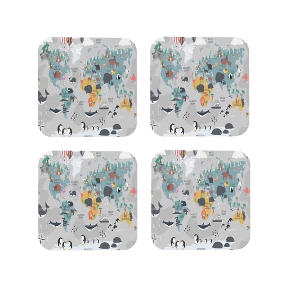 Picia The World Map with Cartoon Animals Printed Leather Coasters for Drinks, 4" Drink Coasters Set of 4 for Tabletop Protection, Handmade Luxurious Home Décor and Housewarming Gift -Square