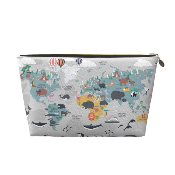 Picia The World Map with Cartoon Animals Printed Leather Travel Toiletry Bag,Cosmetic Organizer, Makeup Travel Bag, Durable Travel Pouch, Compact Toiletry Bag, Travel Accessories