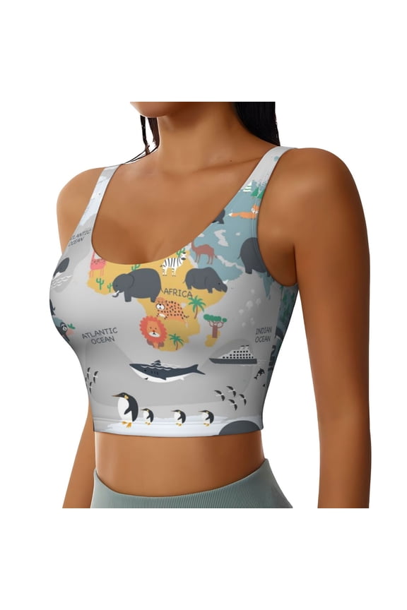 The World Map with Cartoon Animals Sports Bra for Women,Padded Strappy Sports Bras Medium Support Yoga Bra with Removable Cups,Running Yoga Bra-