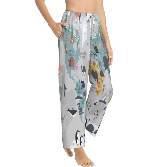 Picia The World Map with Cartoon Animals Womens Soft Woven Cotton Elastic Waistband Sleep Pajama Pant Lounge Sleep Pant With Pockets And Drawstring-XX-Large