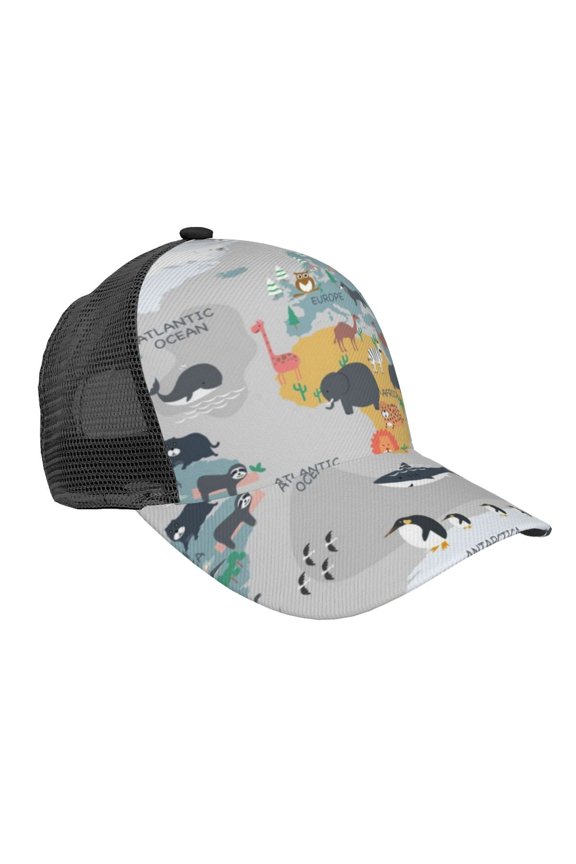 The World Map with Cartoon Animals Pattern Trucker Hat,Baseball Cap,Sun Protection Cap,Stylish Headwear,Leisure Cap,Outdoor Sports Cap