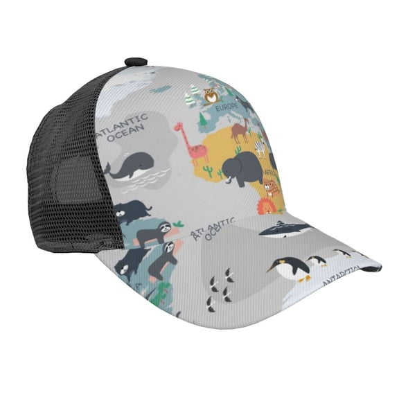 Picia The World Map with Cartoon Animals Pattern Trucker Hat,Baseball Cap,Sun Protection Cap,Stylish Headwear,Leisure Cap,Outdoor Sports Cap