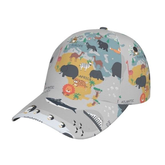 Picia The World Map with Cartoon Animals pattern Trucker Low Profile Hat Men Women Baseball Cap Dad Hat Adjustable Unconstructed Plain Cap