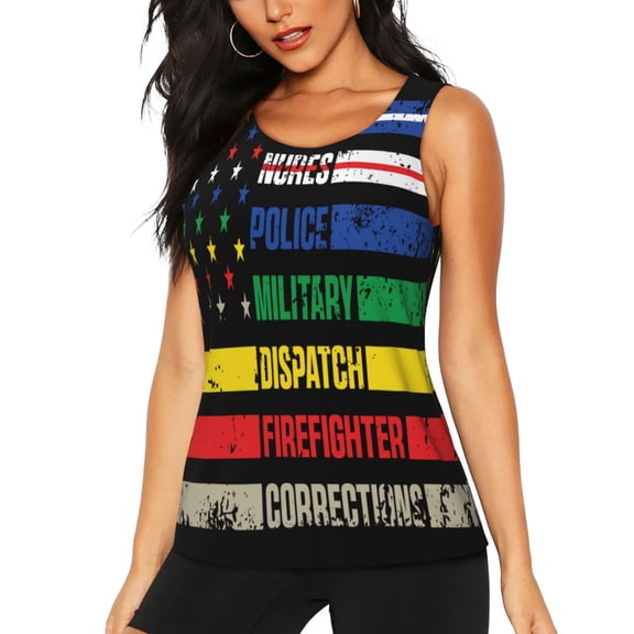 Picia Thin Green Line With USA Flag Pattern Women's Workout Tank Top,Breathable Activewear,Slim Fit Athletic Top,Versatile Workout Moisture-wicking top-Large