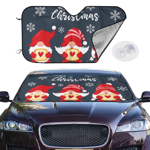 Picia Three Cute Christmas Gnomes Curved Windshield Sunshade Accordion Folding Style Auto Shade for Car Truck SUV Van Blocks UV Ray Sun Visor Protector -Small
