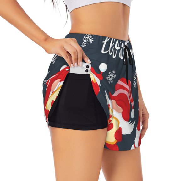 Picia Three Cute Christmas Gnomes Pattern Women's 2 in 1 Athletic Running Shorts High Waisted Workout Casual Gym Sweat Shorts with Comfy Liner Zipper Pockets-Small