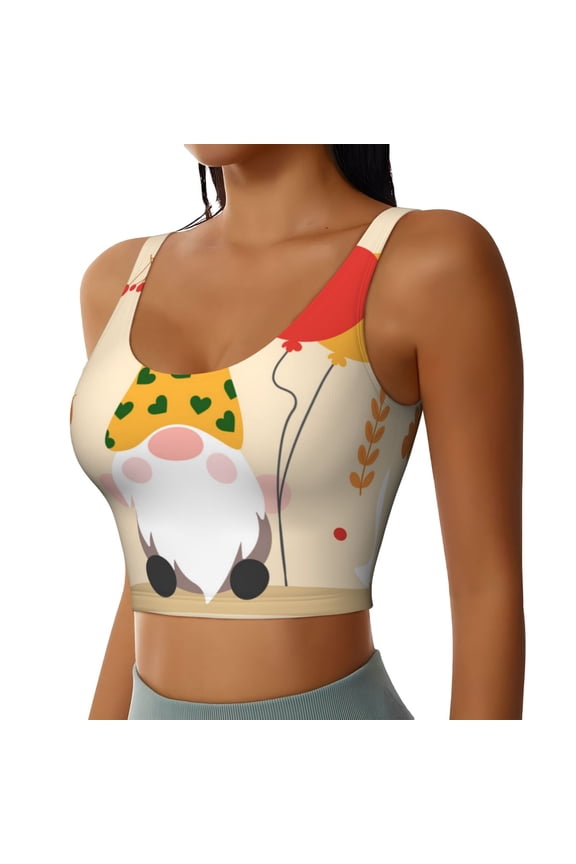 Three Gnomes With Balloons Sports Bra for Women,Padded Strappy Sports Bras Medium Support Yoga Bra with Removable Cups,Running Yoga Bra-Large