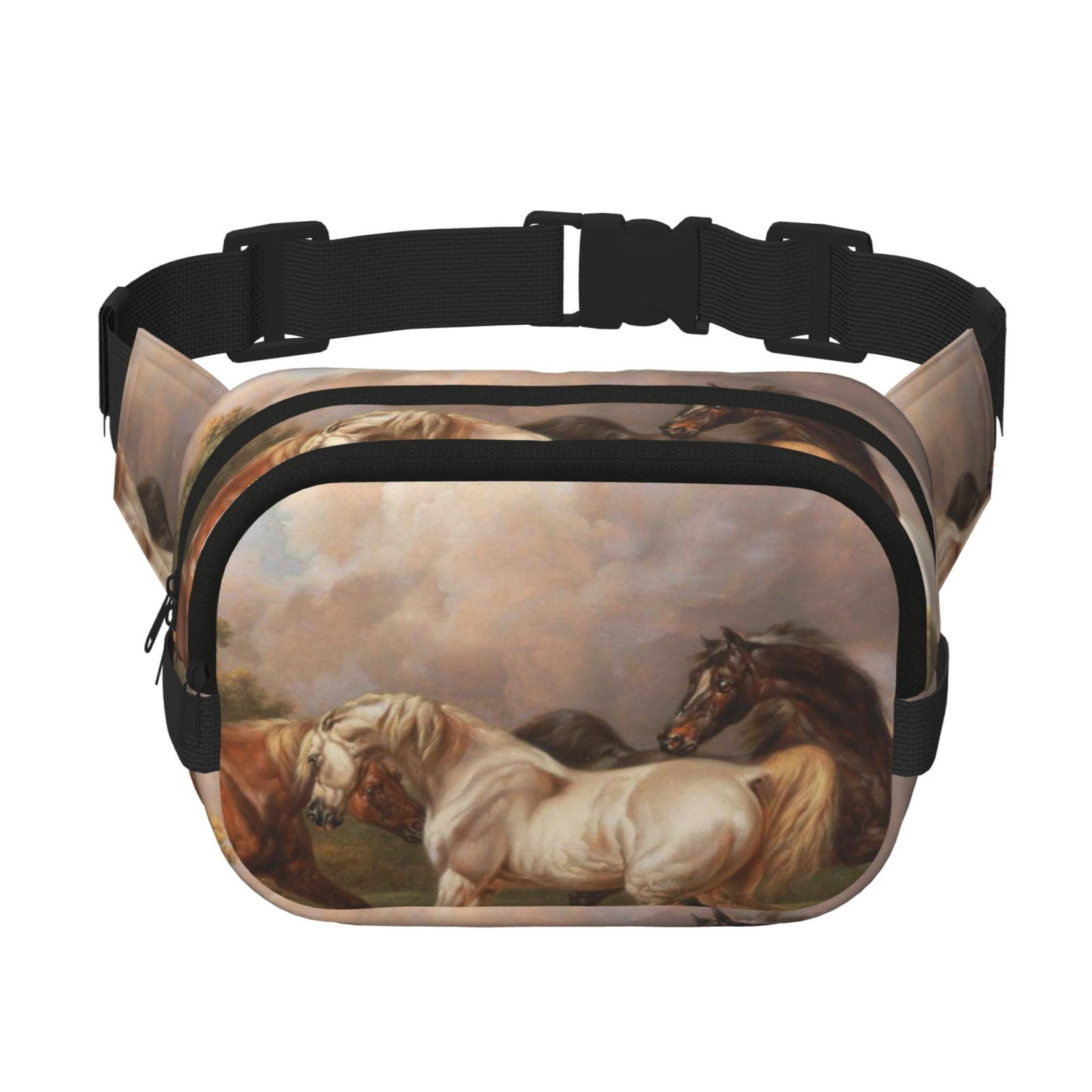 Picia Three Horses Oil Painting Print Square Double-Layer Waist Bag Mini Adjustable Waist Belt Bag Exercise Running Travel Hiking
