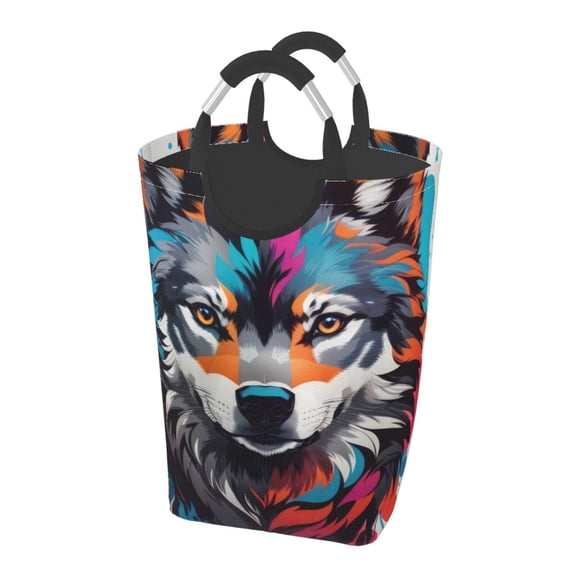 Picia Tie-Dye Wolf Head Laundry Basket With Handles Laundry Hamper Toys Storage Organizer Foldable Bucket Washing Bin Dirty Clothes Bag For Home Bathroom Bedroom Dorm