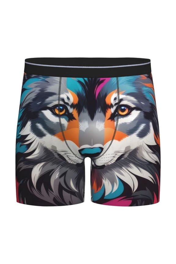 Tie-Dye Wolf Head Pattern Men's Athletic Long Leg Briefs , Performance Stretch Underwear，Moisture-Wicking