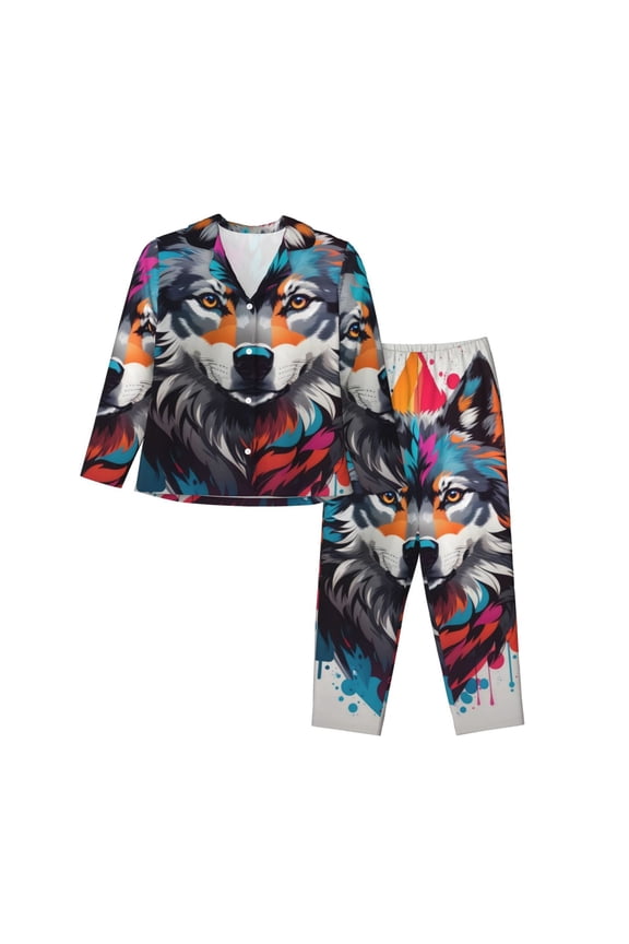 Tie-Dye Wolf Head Pattern Women’s Long-Sleeve Sleepwear Set - Soft 2-Piece Loungewear with Pockets, Comfy PJs for Relaxing Nights-Medium