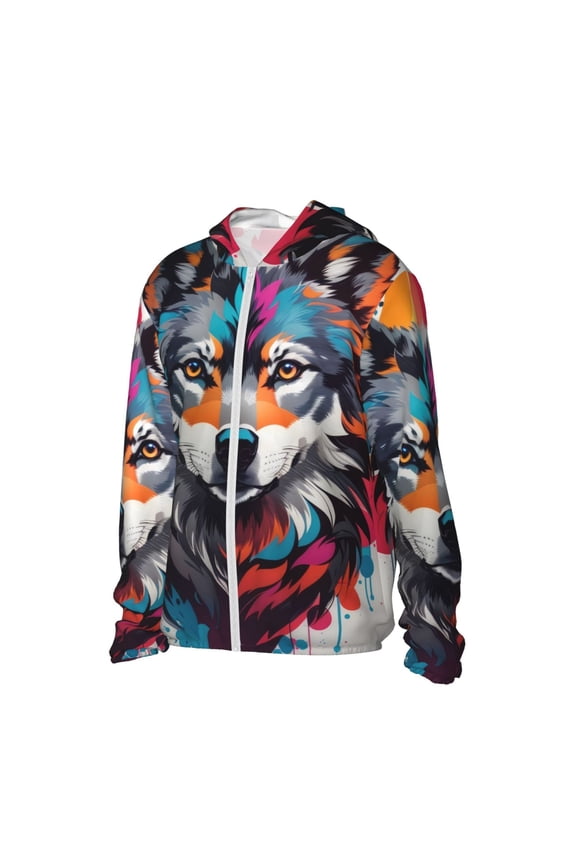 Tie-Dye Wolf Head Women's Men's UPF 50+ Sun Protection Hoodie Shirt Long Sleeve SPF Fishing Outdoor UV Hiking Lightweight Shirts-Medium