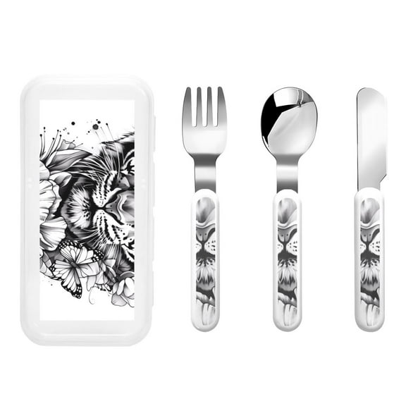 Picia Tiger Butterfly Floral Art Print Children's Knife, Fork And Spoon Set - Kids Knife Fork Spoon - Stainless Steel Kids Silverware Set - Metal Kids Cutlery Set