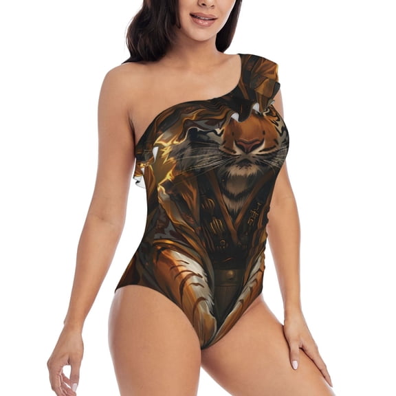 Picia Tiger In The Fallen Leaf Forest Pattern Women's One Piece Swimsuits,One Shoulder Swimwear Asymmetric ,Ruffle Monokinis Bathing Suits,High Waisted Flattering Bathing Suits-XX-Large