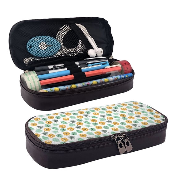 Picia Tiger Leaves Pattern Large Capacity PU Leather Pencil Case Organizer Pen Marker Holder Double Zipper Storage Bag Big Pencil Pouch for College Office